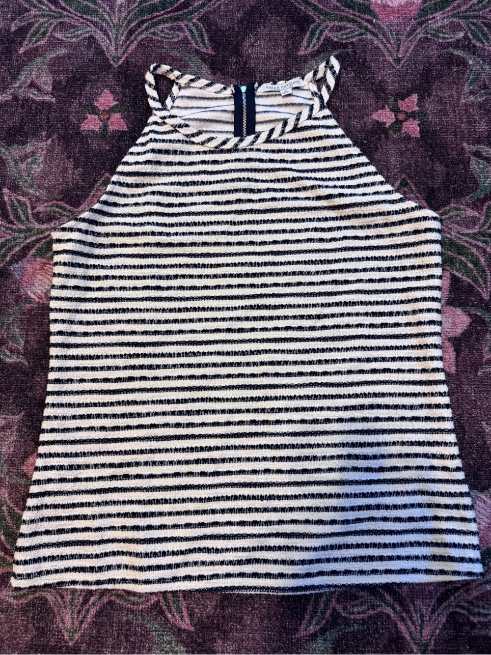 Green Envelope Striped Textured Sleeveless Halter Top Navy Blue & White - M